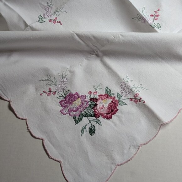 Mid Century Tablecloth with Pink & Purple Flower Motif - 33 Inch Square - Picture 3 of 6